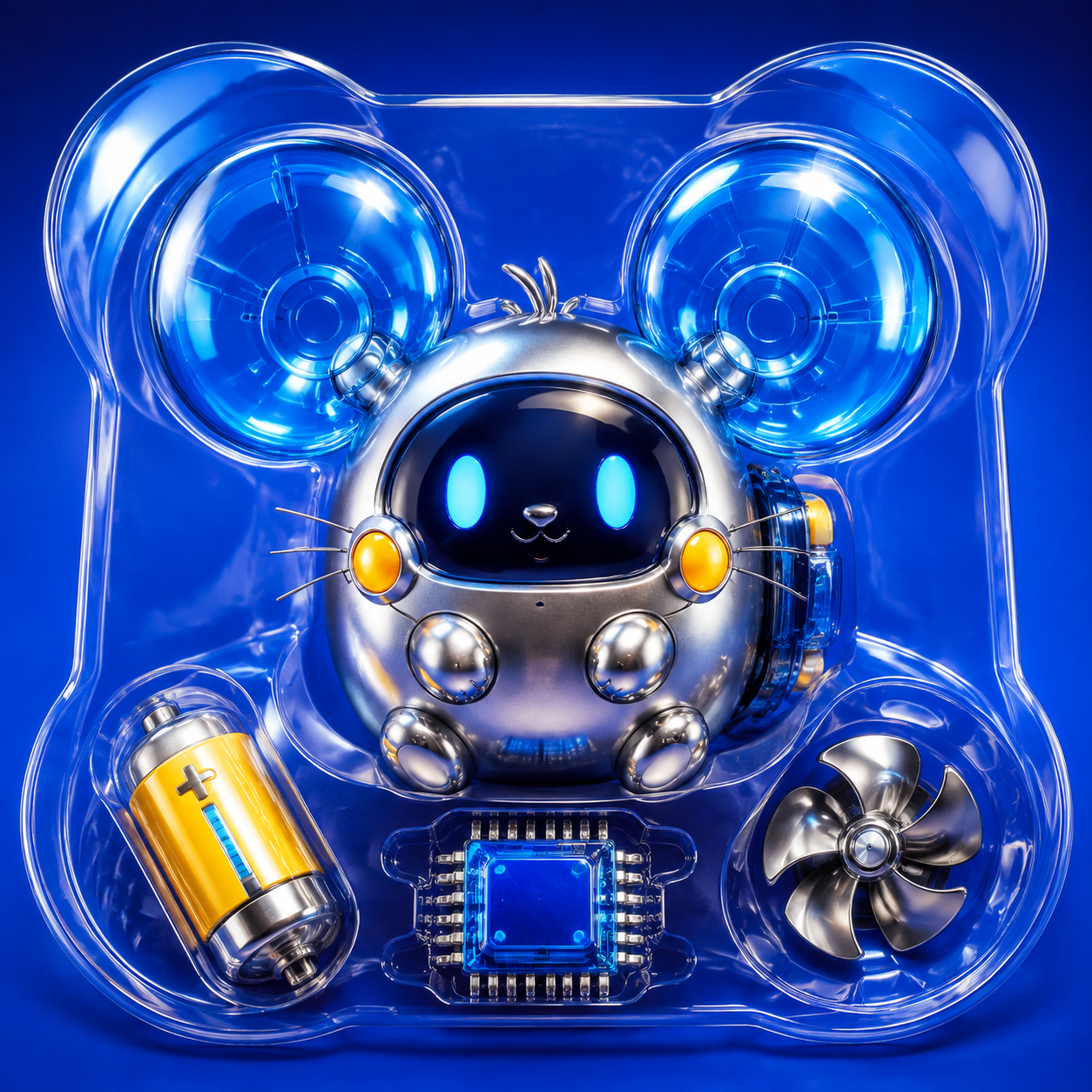 Pip, an original chrome mechanical chinchilla with blue ears, in a transparent toy tray with modular chip, battery and fan